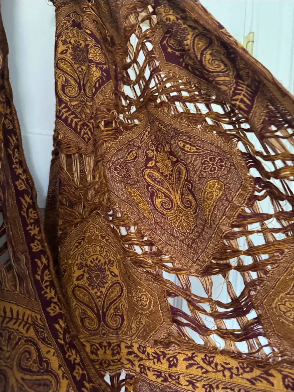 Boho Fringe Paisley Wrap Scarf in Rust and Mustard